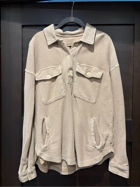 Thread & Supply Beige Ribbed Button-Up Pullover